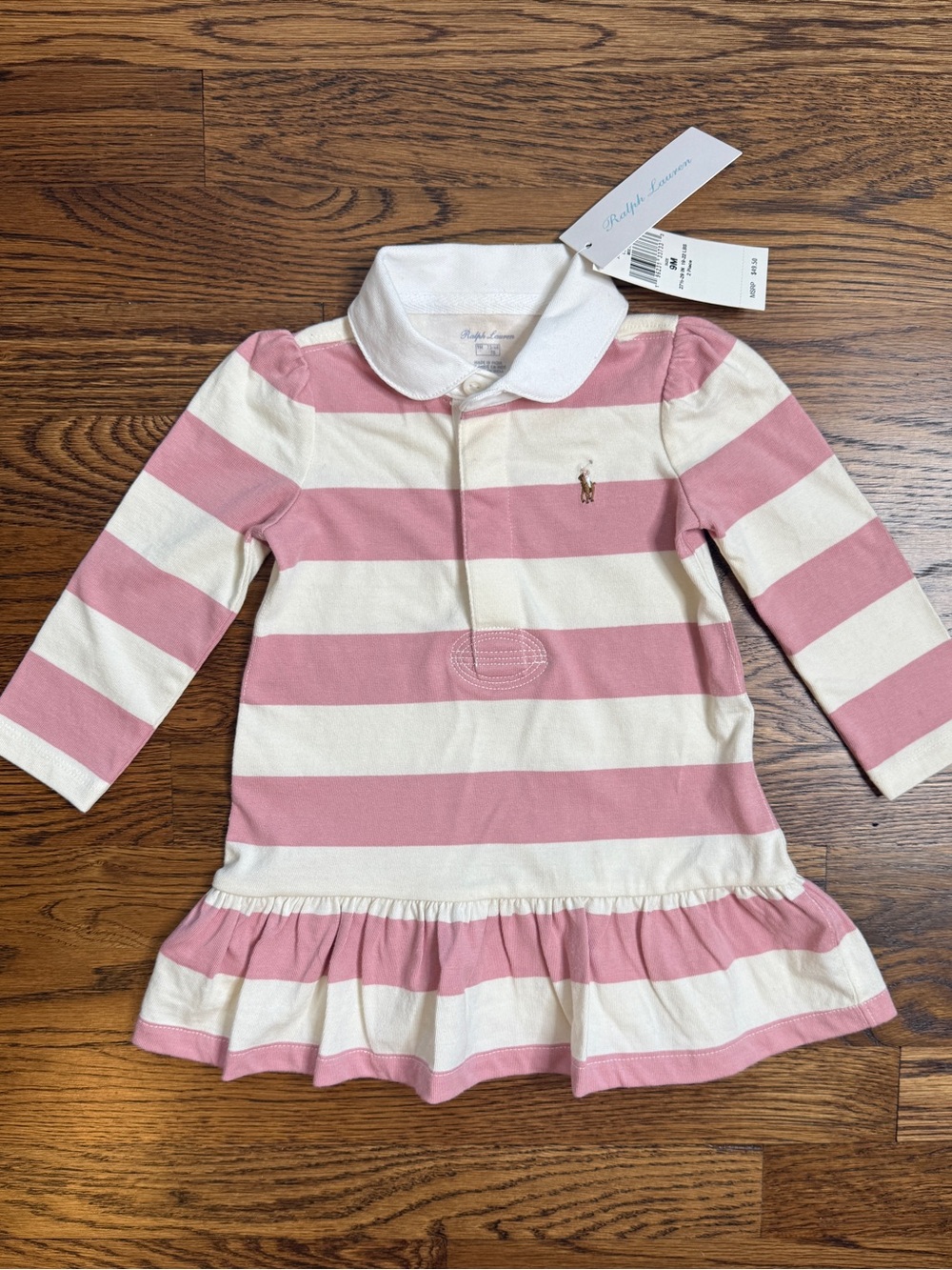 NWT Ralph Lauren Baby Girls Pink and Cream Striped Cotton Rugby Polo Dress 9 Mth